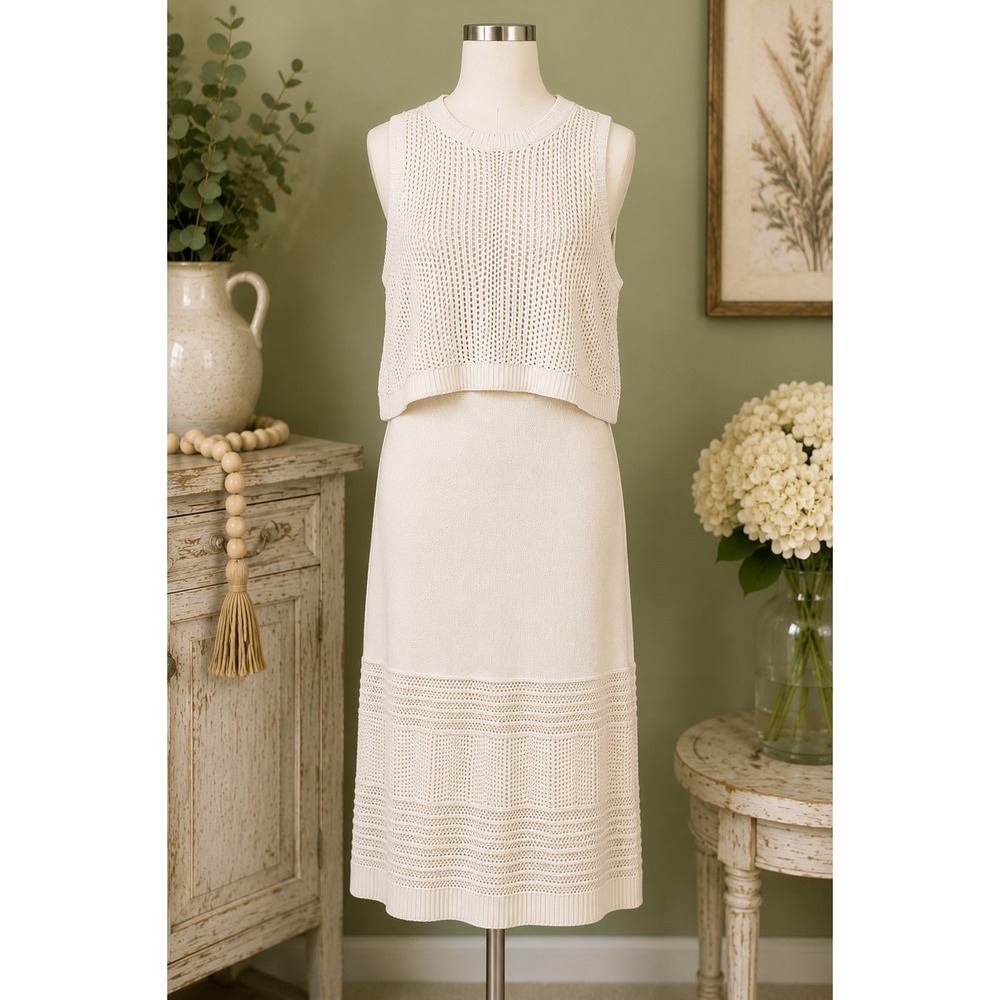 Rachel Zoe White Crochet Knit 2 Piece Set Sleeveless Crop Top Midi Skirt Medium